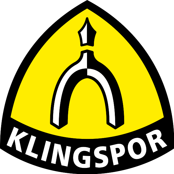 Le logo de Klingspor. Armoiries jaunes avec l'emblème à trois branches de Klingspor.