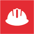 Icône casque pour le site web de l'IBZ. L'icône est un casque/une protection de tête blanc(e) sur fond rouge. L'image est carrée