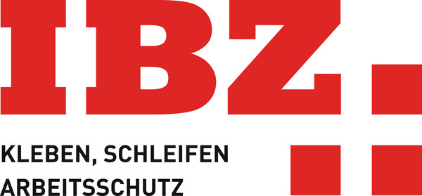 Logo officiel d'IBZ Industrie AG - Collage, ponçage, protection au travail. Ecriture rouge sur slogan noir sur fond blanc. 