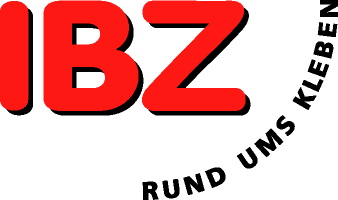 Abgebildet ist das alte IBZ Logo mit der Aufschrift: Rund ums Kleben. IBZ ist rot geschrieben mit schwarzem Schatten. Das Logo ist auf weissem Hintergrund