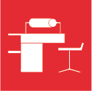 L'icône de la plastification L'icône de la plastification est un dispositif de table avec une chaise. Un rouleau est visible sur le dispositif. L'icône est blanche sur rouge