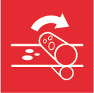 Icon Rotativstanzen Sur l'icône du poinçonnage rotatif, on peut voir une machine à tapis roulant avec poinçonnage rotatif. La rotation de la bande est représentée, l'arrière-plan étant rouge.