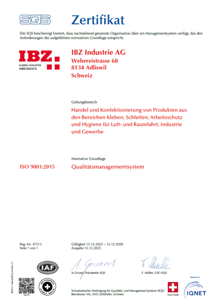 Die Abbildung zeigt das SQS Zertifikat für den Handel und die Konfektionierung von Produkten in den Bereichen Kleben Schleifen Arbeitsschutz und Hygiene. SQS Logo ist blau, IBZ ist rot. Unten sind die Unterschriften und siegel