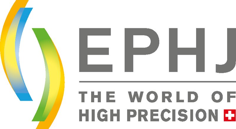 Logo de l'EPHJ avec l'inscription World of High Precision. Le logo EPHJ est vert/jaune à gauche, tandis que l'inscription grise est à droite avec un fond blanc.
