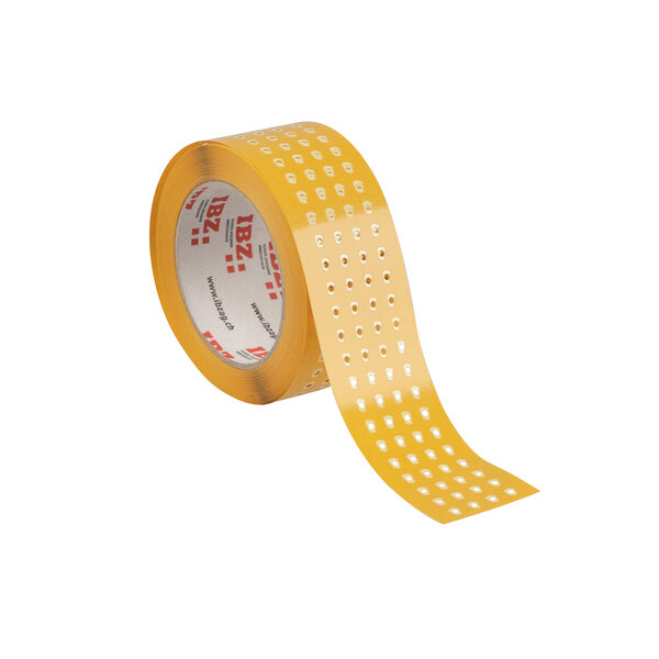 L'illustration montre des pièces étampées en petites formes, découpées sur un ruban adhésif simple face. Le liner est jaune, l'arrière-plan est blanc. 
