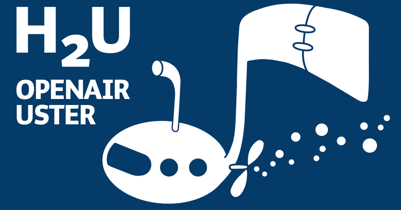 Le logo H2u de l'openair uster est sur fond bleu. Une partie du logo est un sous-marin qui se dirige vers la gauche.